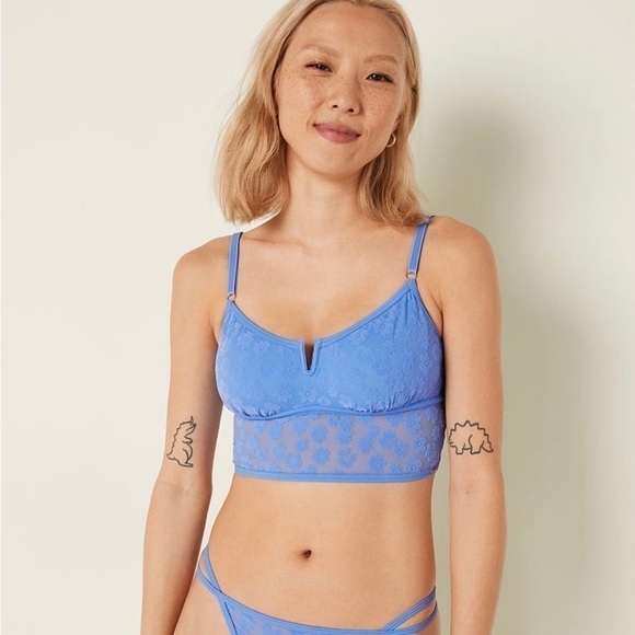 VS Pink Wireless Flocked Mesh Bralette Large-DD Cornflower Blue Daisy - Picture 3 of 10